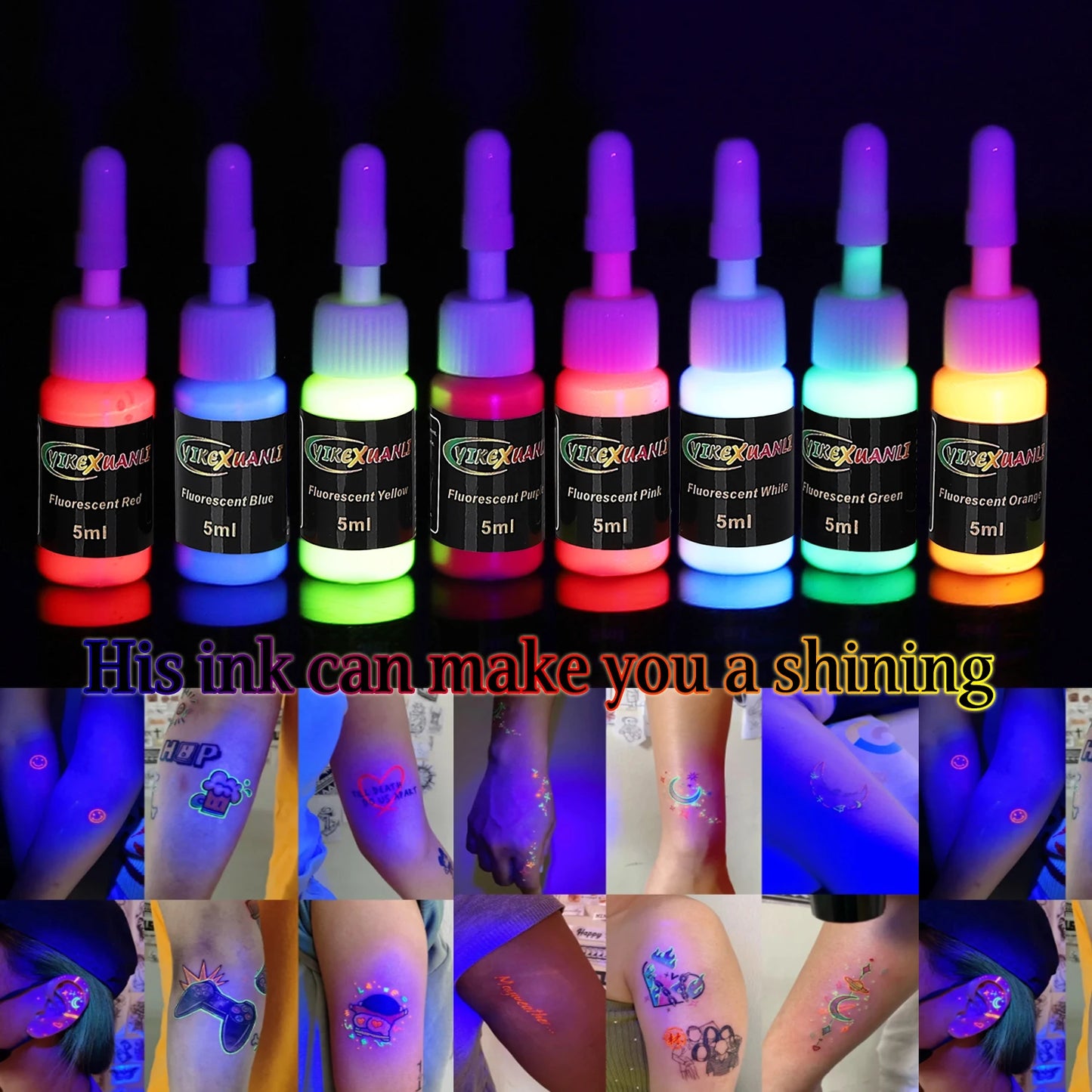 Fluorescent Tattoo Ink Kit 8 Color Safe Non-toxic Stylish Body Art Ink Kit That Glows