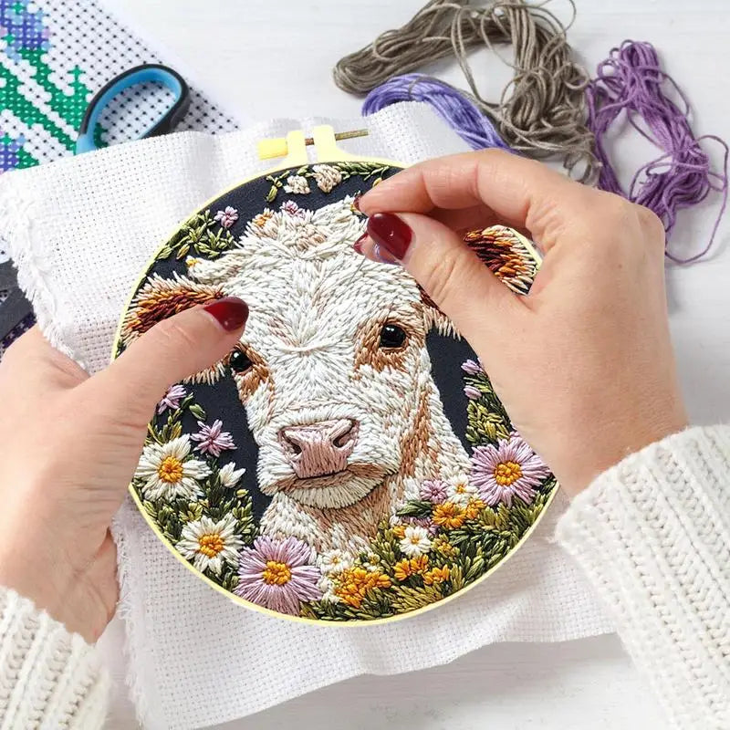 Beginner Embroidery Kit Cow Daisy Flower Embroidery Punch Needle Kit Colorful Handmade Craft Set Includes Embroidery Hoop Cloth