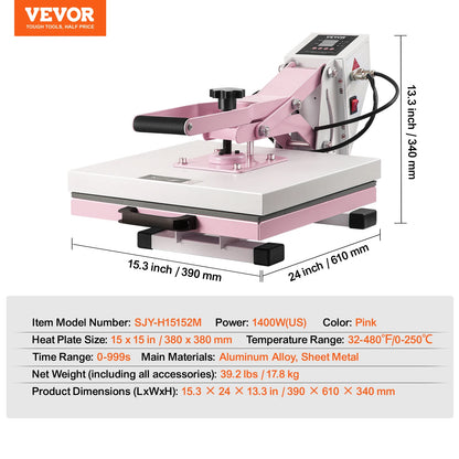 SucceBuy Heat Press 15 x 15 in Slide Out Heat Transfer Machine Fast Even Heating 2-Layer Insulation Cotton