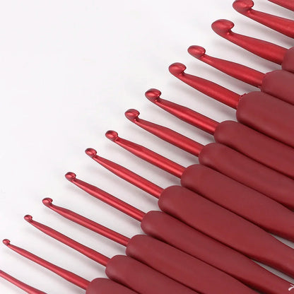14pc Red Knitting & Weaving Tool Set, TPR Silicone Aluminum Crochet Hooks