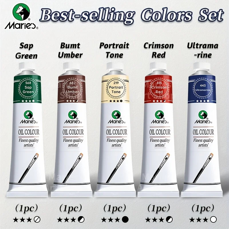 5pcs Marie's Oil Paints Set, 50ml (1.7fl. oz) x 5, Vibrant Colors