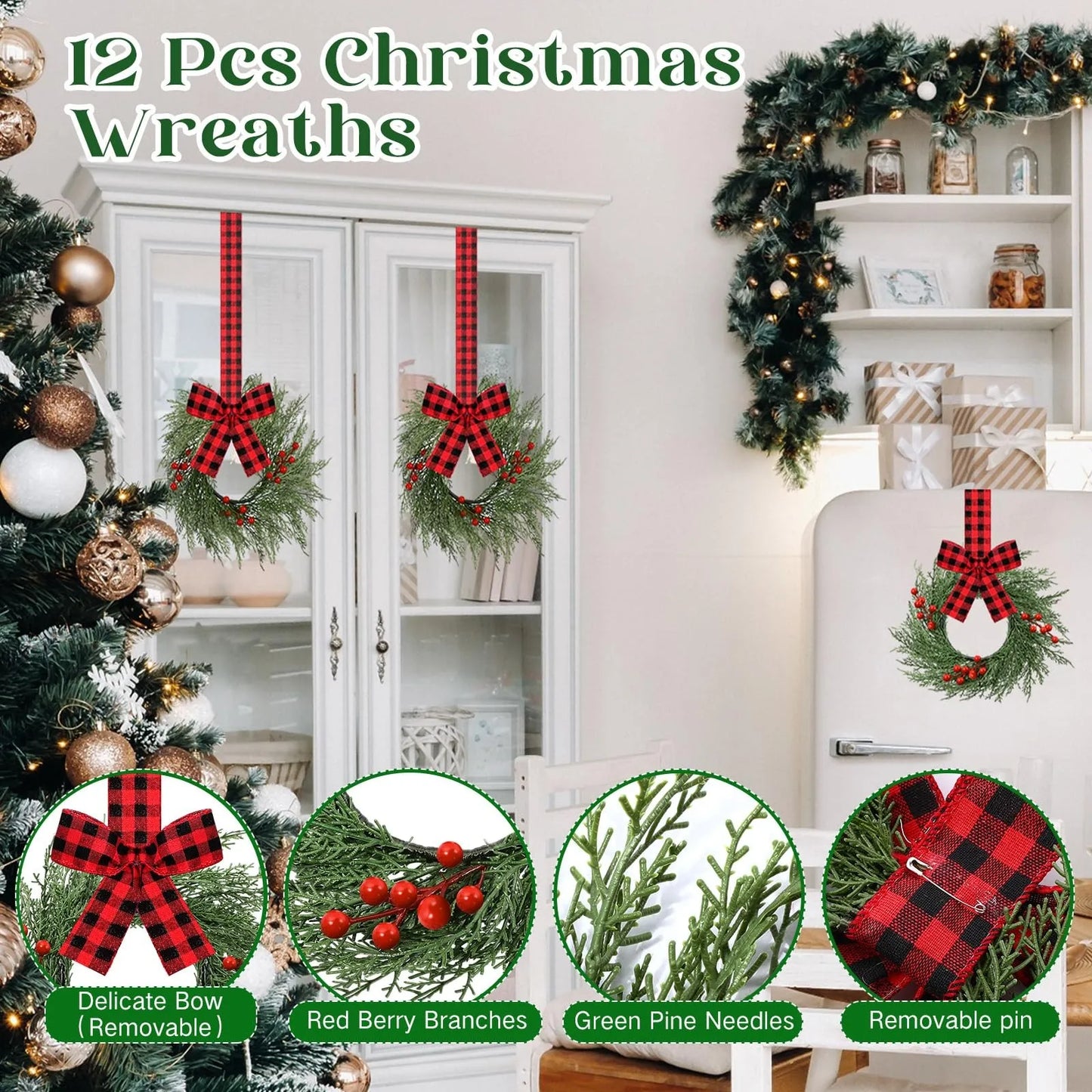 6pcs Holiday Decoration Red Plaid Ribbon Wreath Christmas Door Hanging Green Branch Wreath Set Red Berry