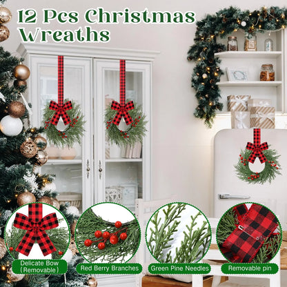 6pcs Holiday Decoration Red Plaid Ribbon Wreath Christmas Door Hanging Green Branch Wreath Set Red Berry