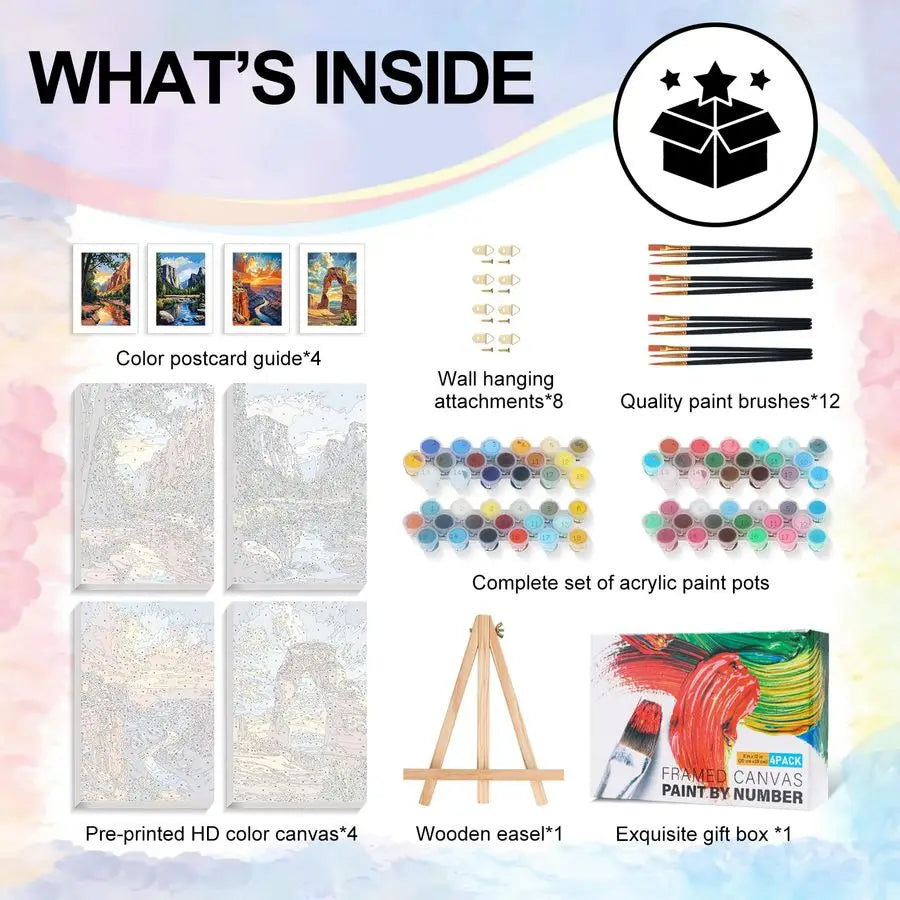 Pack Framed Paint by Numbers Kit with Wooden Easel, National Park with Frame, DIY Acrylic
