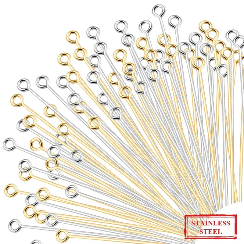 50PCS/100PCS Stainless Steel Eye Head Pins Gold Color Beads Needle Connector