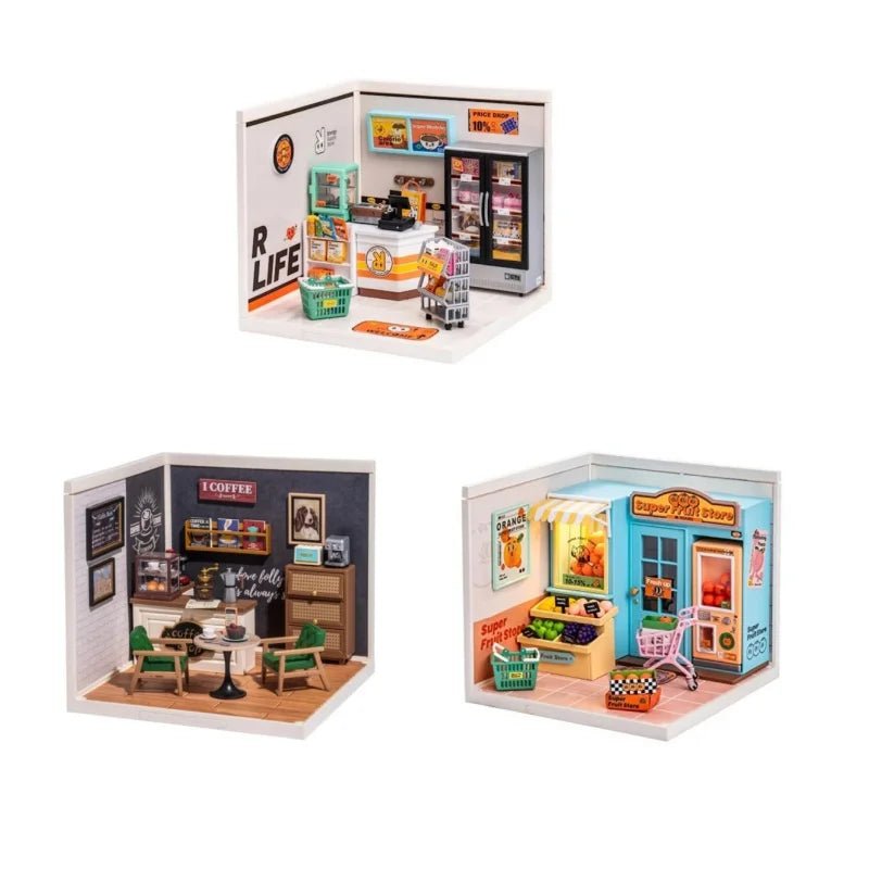 Robotime Mini Dollhouse DIY Miniature House Kit 1:20 Fruit Store Cafe Store Supply Store Kit with LED