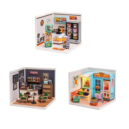 Robotime Mini Dollhouse DIY Miniature House Kit 1:20 Fruit Store Cafe Store Supply Store Kit with LED