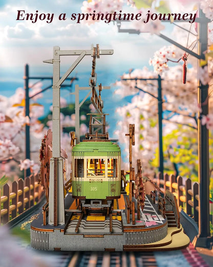 Robotime 3D Puzzles Sakura Journey DIY Model Building Toy with LED Light Wooden Craft Kits Tram