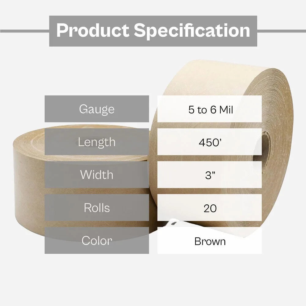 20 Rolls - 3" x 450 feet Reinforced Kraft Gummed Paper Tape Brown Heavy Grade