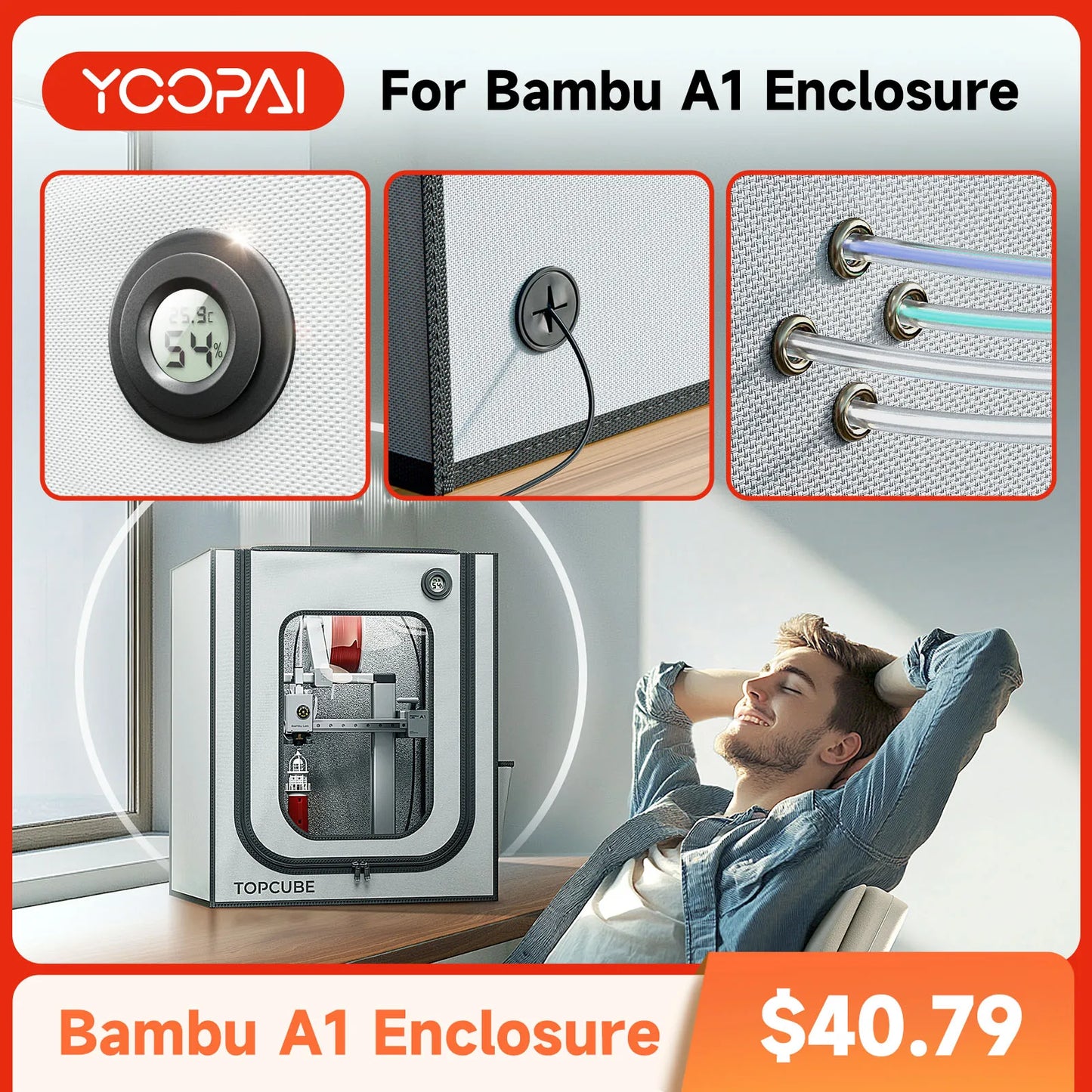 YOOPAI 3D Enclosure For Bambu A1 3D Printer fireproof House Cover with LED light Constant Temperature