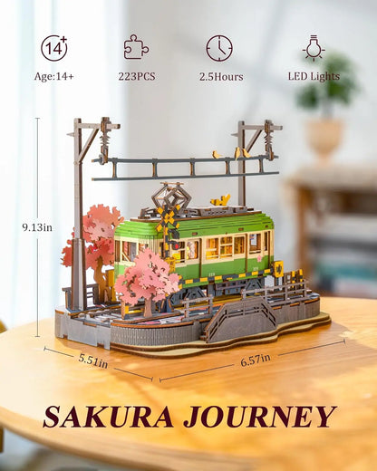 Robotime 3D Puzzles Sakura Journey DIY Model Building Toy with LED Light Wooden Craft Kits Tram