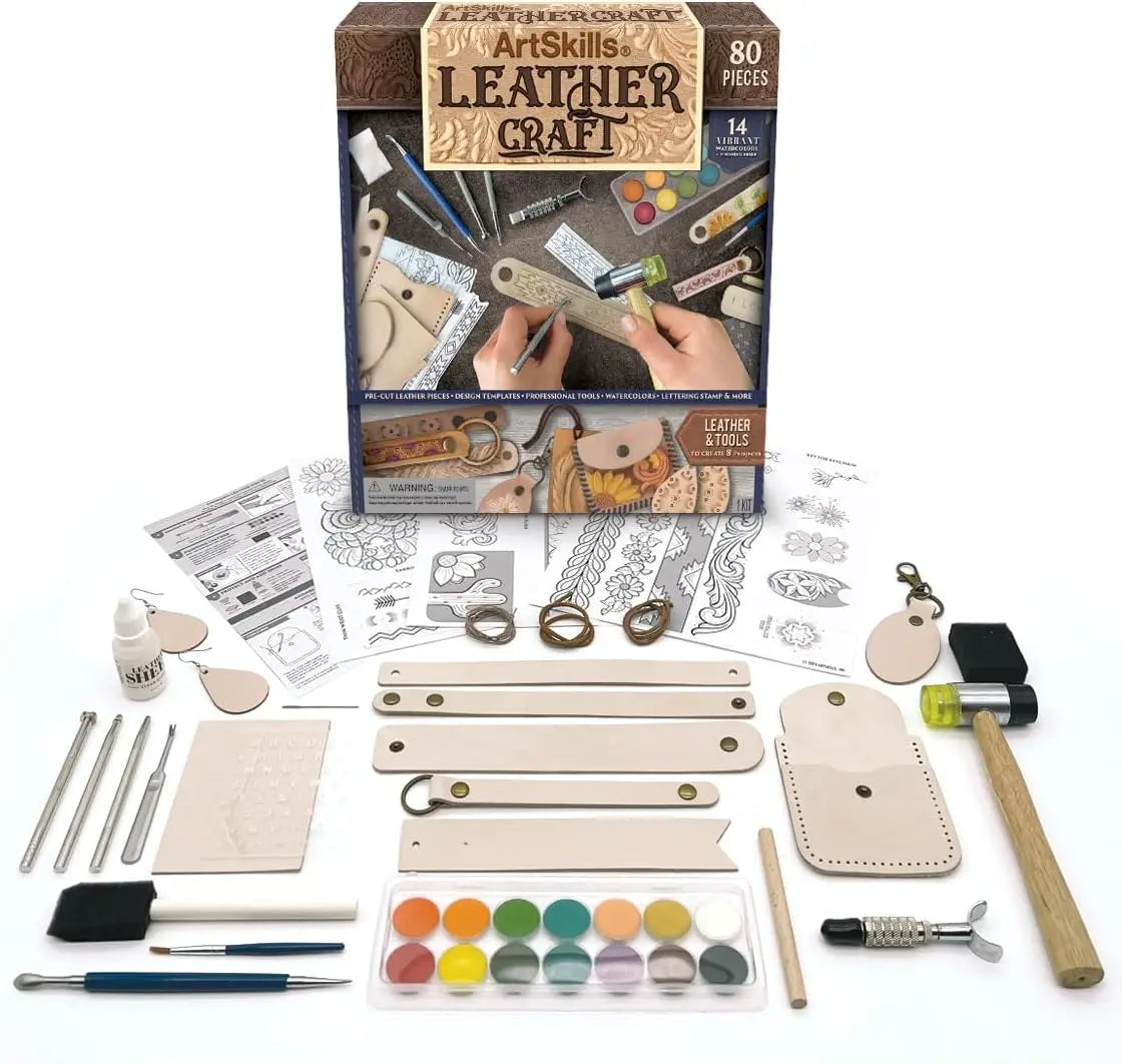 Complete Leather Crafting Kit with Tools, Stamps & Pre-Cut Pieces for Beginners - 80-Piece Set