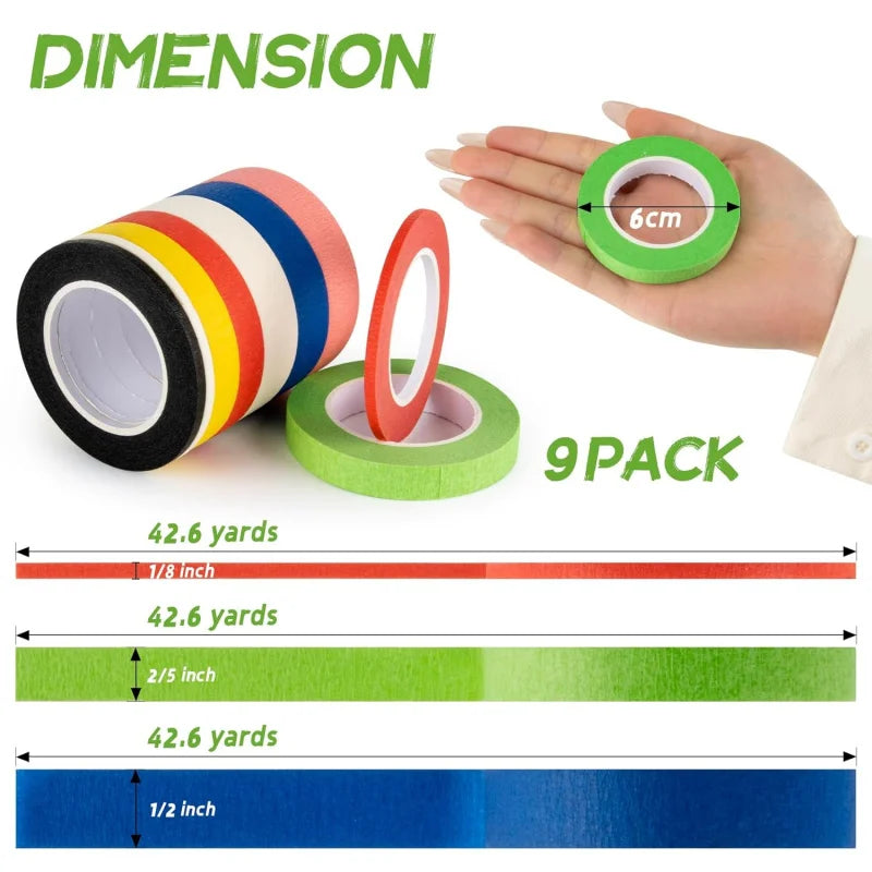 9 Rolls Colored Masking Tape - 42.6 Yards Adhesive Colored Painters Tearable