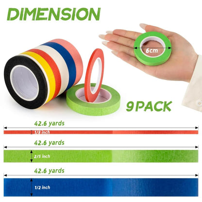9 Rolls Colored Masking Tape - 42.6 Yards Adhesive Colored Painters Tearable