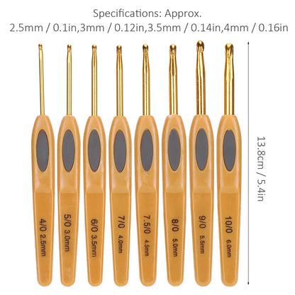 8pcs Crochet Hook Knitting Tools Aluminum Ergonomic Sweater Needles Brown Plastic Handle
