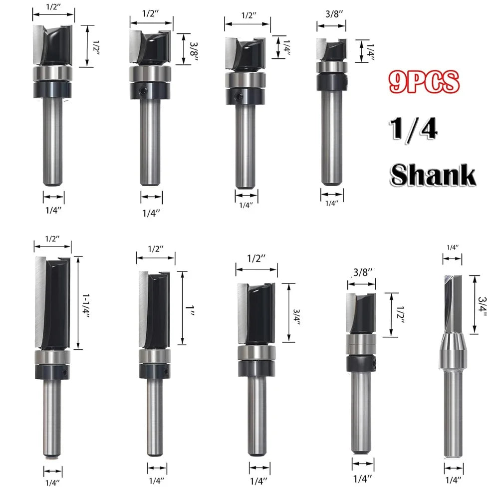 9pcs Carbide Tipped Flush Trim Router Bit Set 1/4 Shank Pattern Wood Cutting Tools Smooth Precision CNC Router Use