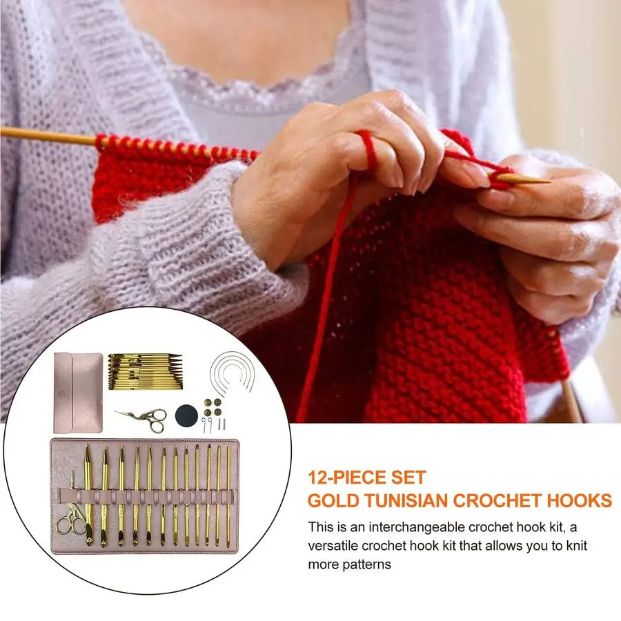 Tunisian Crochet Hooks Set with Cable, 12Pcs GoldPlated Aluminium Interchangeable Afghan Tunisian Crochet Hook 3mm10mm