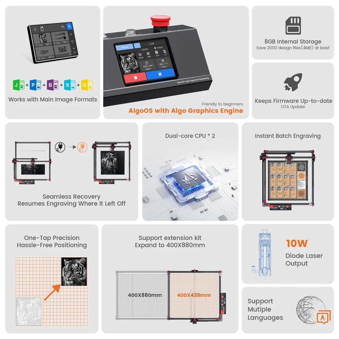 AlgoLaser DIY KIT MK2 10W Touch Screen 400X850MM Large Area Woodworking for Wood Metal