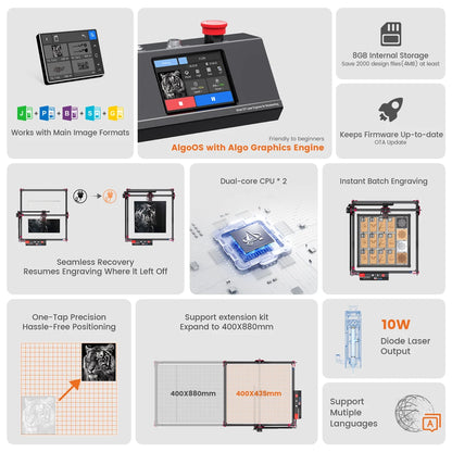 AlgoLaser DIY KIT MK2 10W Touch Screen 400X850MM Large Area Woodworking for Wood Metal
