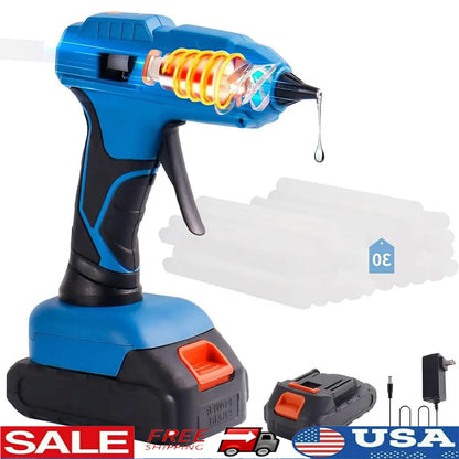 60W Cordless Hot Glue Gun 20V Battery with 30 Glue Sticks Fast Heating Quick Charge Drip-Free