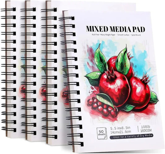 4 Pack of Mixed Media Sketchbooks, 5.5x8.5 Inch, 108lb/160gsm Spiral Bound