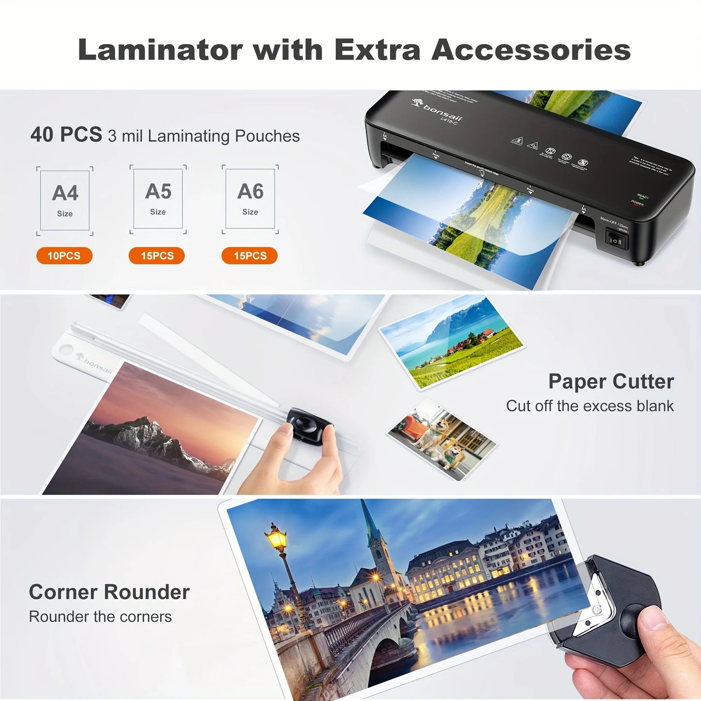 BONSAII 9" 4-in-1 Laminator with Never Jam Tech, Ideal for Docs & Photos - Includes 40 Sheets