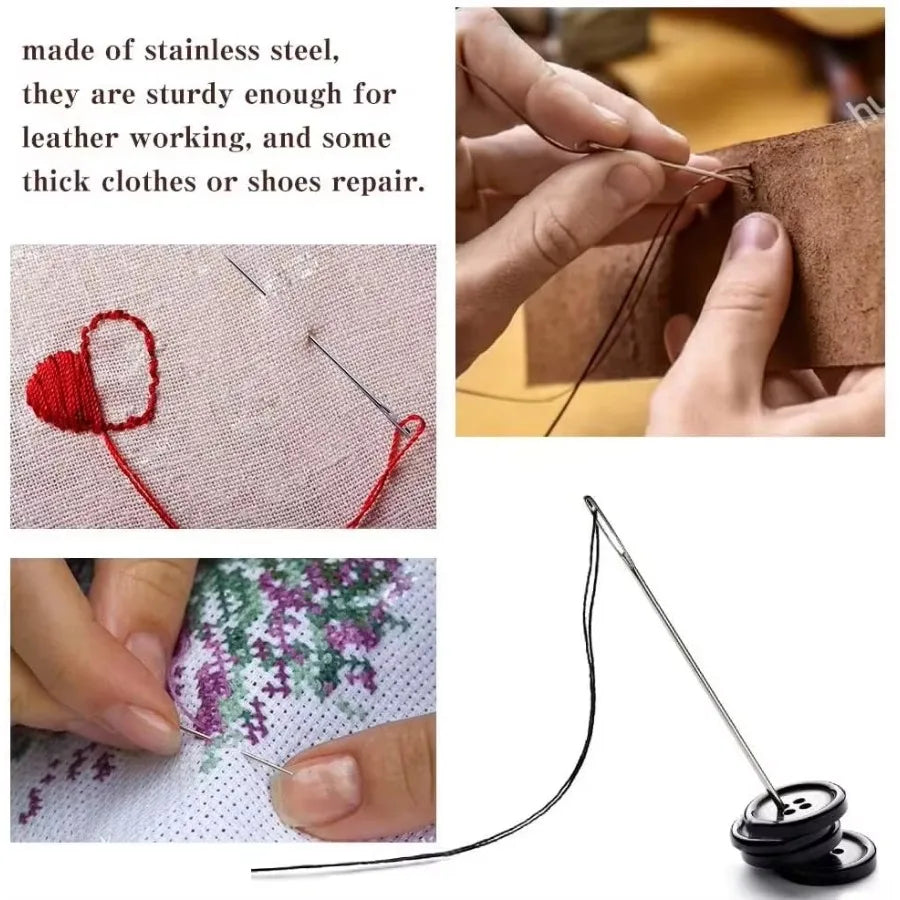 75pcs Large Eye Stitching Needles for Sewing Handmade Leather Stainless Steel Yarn Knitting Needles with Thimble Threader