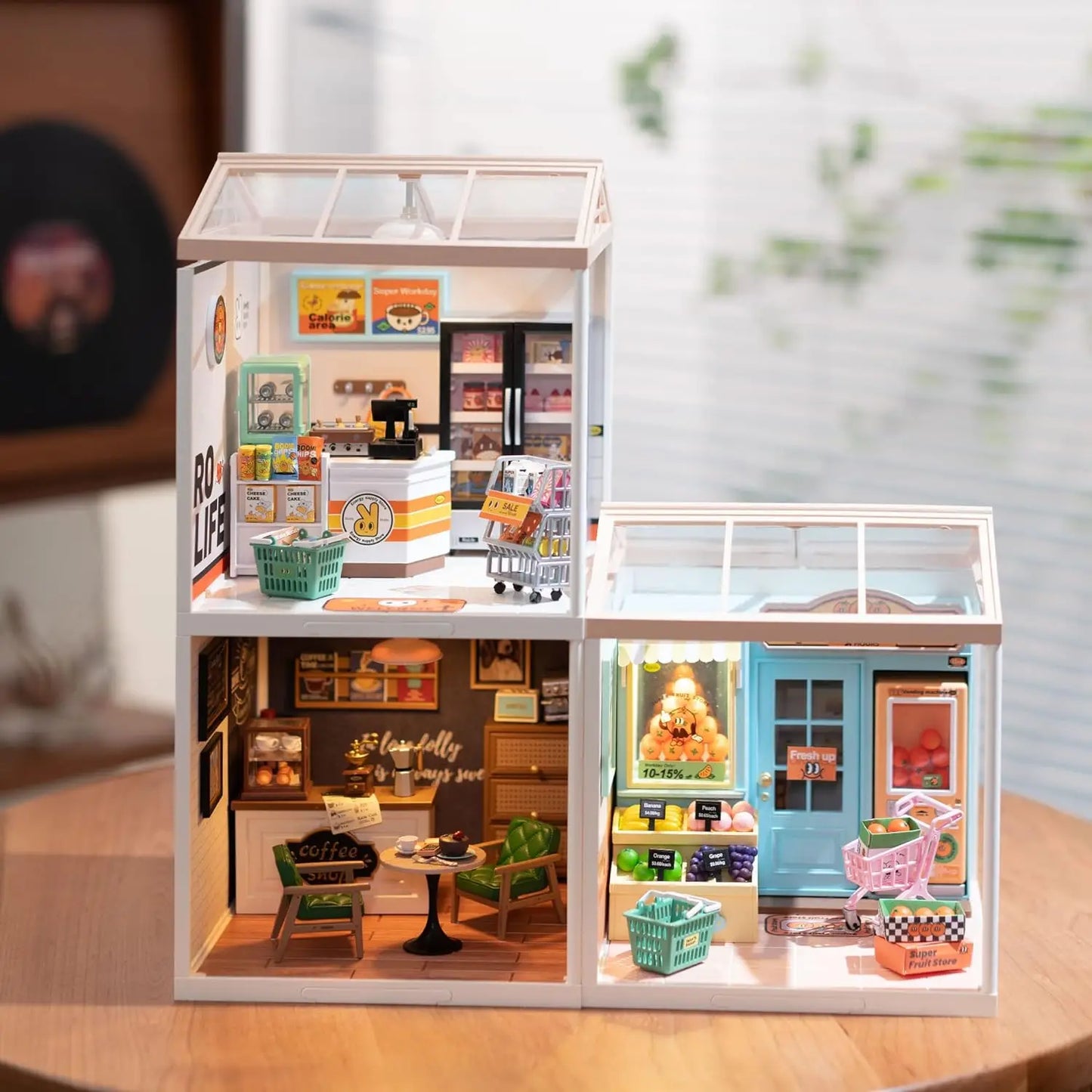 Robotime Mini Dollhouse DIY Miniature House Kit 1:20 Fruit Store Cafe Store Supply Store Kit with LED