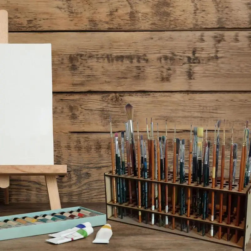 67 Holes Paintbrush Holder Stand Wooden Desk Organizer Wall Mounted