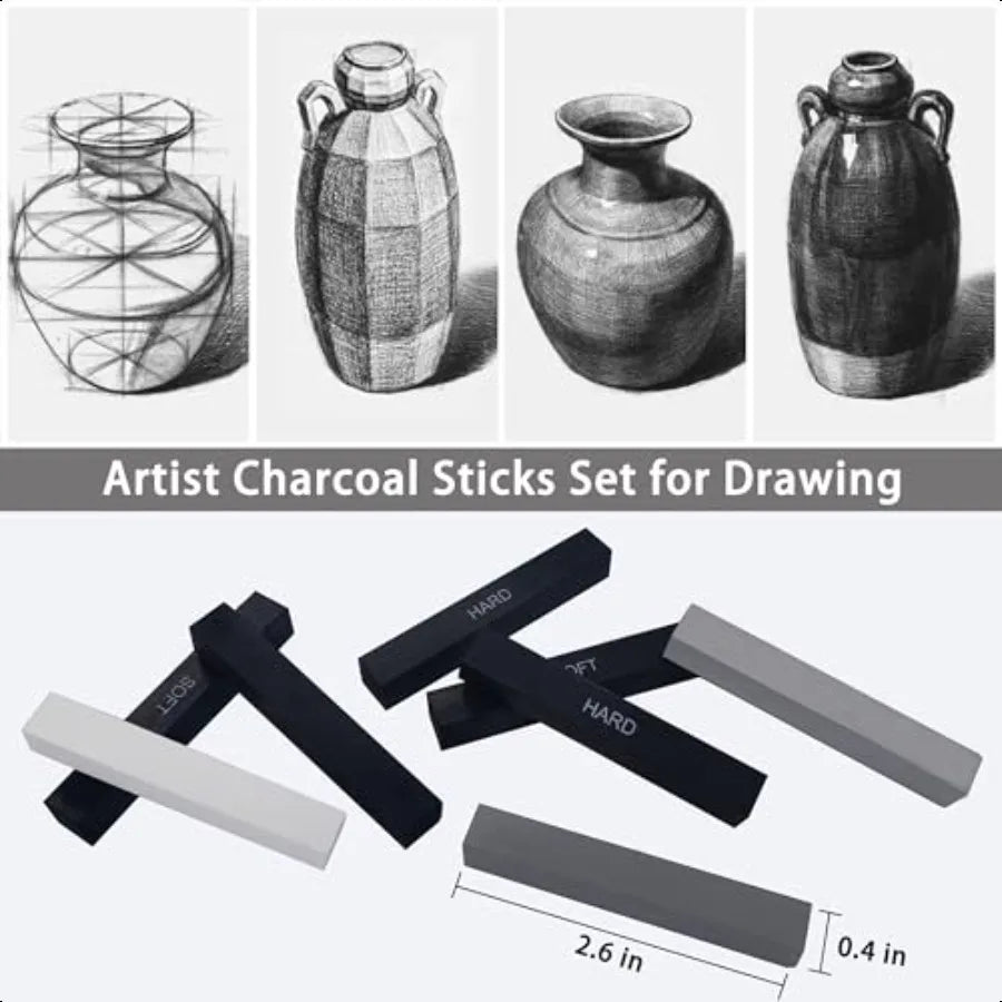 24 Pcs Compressed Charcoal Sticks with Soft Medium Hard and White Charcoal Square Vine Charcoal Stick Kit