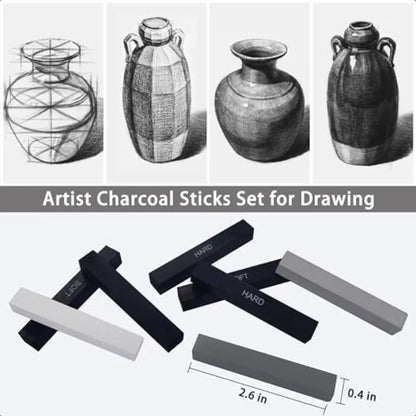 24 Pcs Compressed Charcoal Sticks with Soft Medium Hard and White Charcoal Square Vine Charcoal Stick Kit
