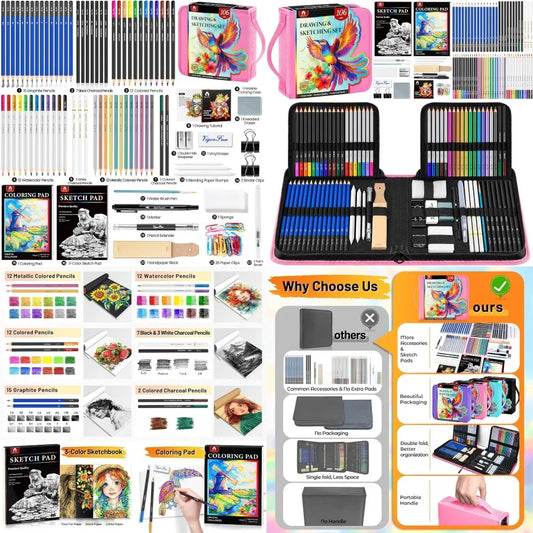 106 PCS Art Supplies Sketching Kit Pro Drawing Pencils with 3-Color Sketchbook Coloring Book Colored Graphite Charcoal Watercol