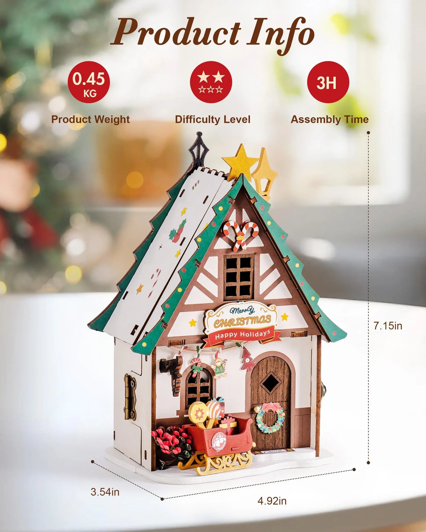Rolife Miniature Wooden Dollhouse Collectible 3D Wooden Puzzle Home Decor Twinkling Christmas House