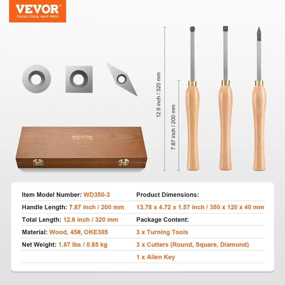 Wood Lathe Chisel Set 3PCS Carbide Woodworking Square Round Diamond Blades with 7.87 Inch