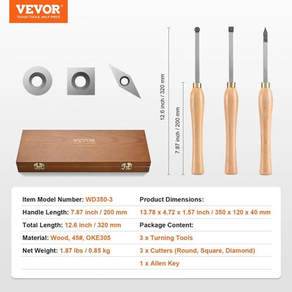 Wood Lathe Chisel Set 3PCS Carbide Woodworking Square Round Diamond Blades with 7.87 Inch