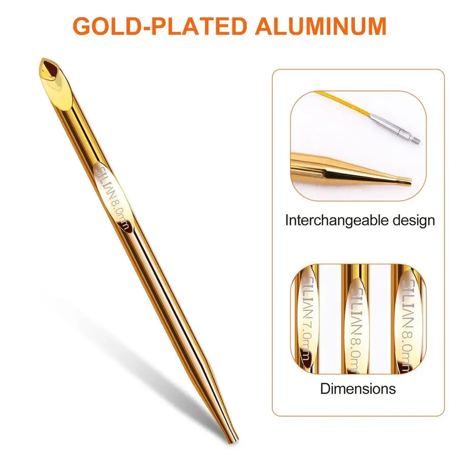 Tunisian Crochet Hooks Set with Cable, 12Pcs GoldPlated Aluminium Interchangeable Afghan Tunisian Crochet Hook 3mm10mm