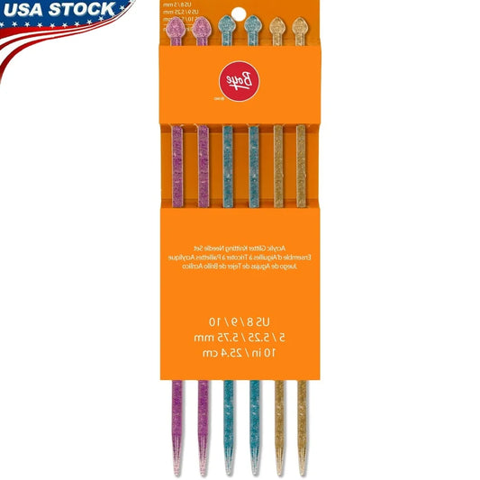 Multi-Color Acrylic Glitter Knitting Needle Set 6 Pack US Sizes 8 9 10 Lightweight Durable