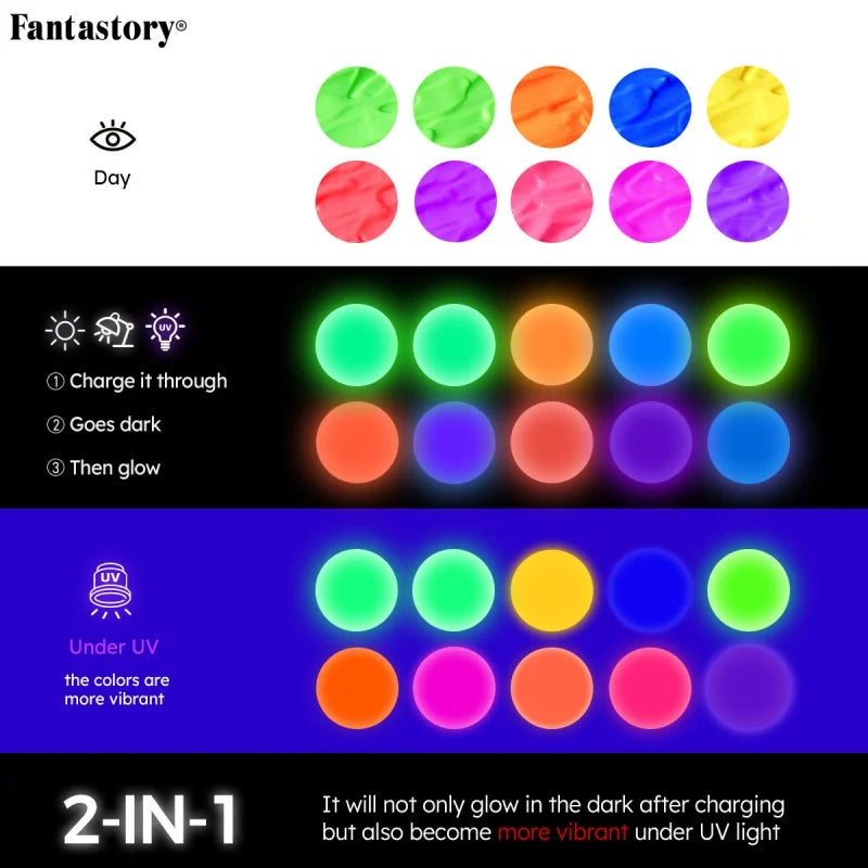 Fantastory 10PCS 2-in-1 Glow in the Dark Acrylic Paint Set, 60ml/2oz Waterproof for Wood, Fabric