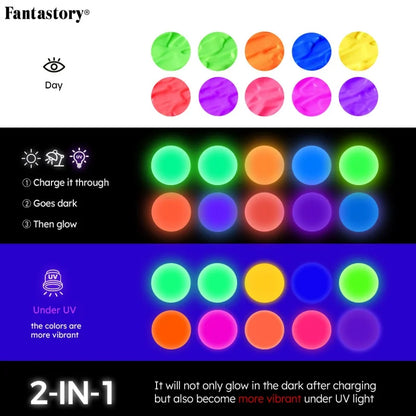 Fantastory 10PCS 2-in-1 Glow in the Dark Acrylic Paint Set, 60ml/2oz Waterproof for Wood, Fabric