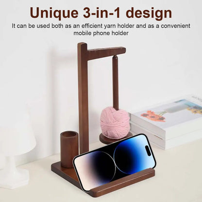 3-in-1 Wooden Yarn Holder with Phone Stand Rotatable Yarn Ball Storage Rack Magnetic Yarn Spinner