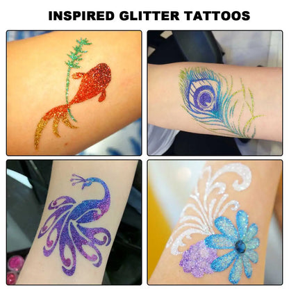 Temporary Glitter Tattoo Set, 12 Fun Colors for Body Painting, with 8 Unique Template Designs and Applicator Brushes, Easy to Apply and Remove, Qla-Zh012