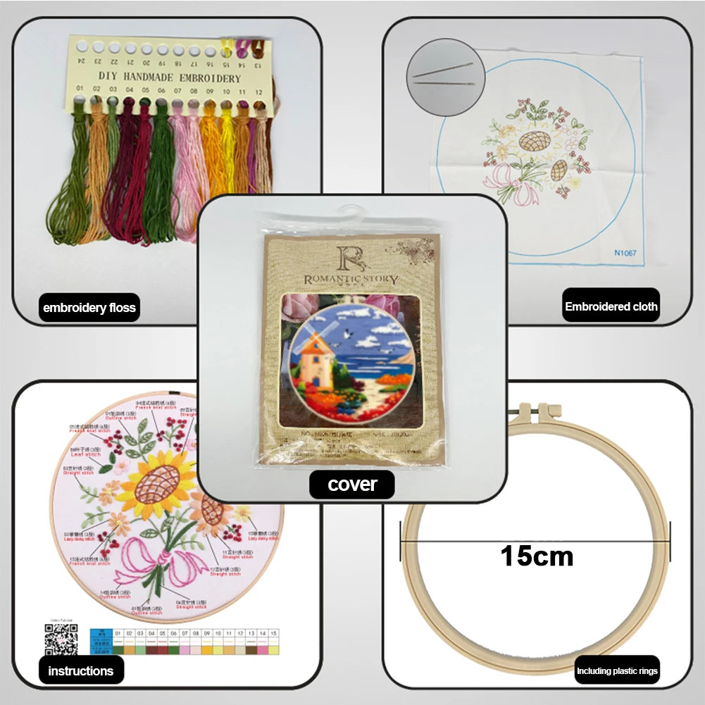 Landscape Stamped Cross Stitch Embroidery Kits with Hoop Cloth Color Thread