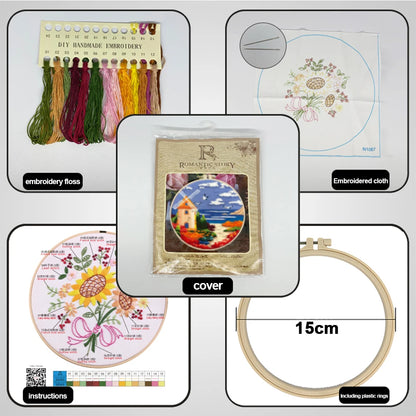 Landscape Stamped Cross Stitch Embroidery Kits with Hoop Cloth Color Thread