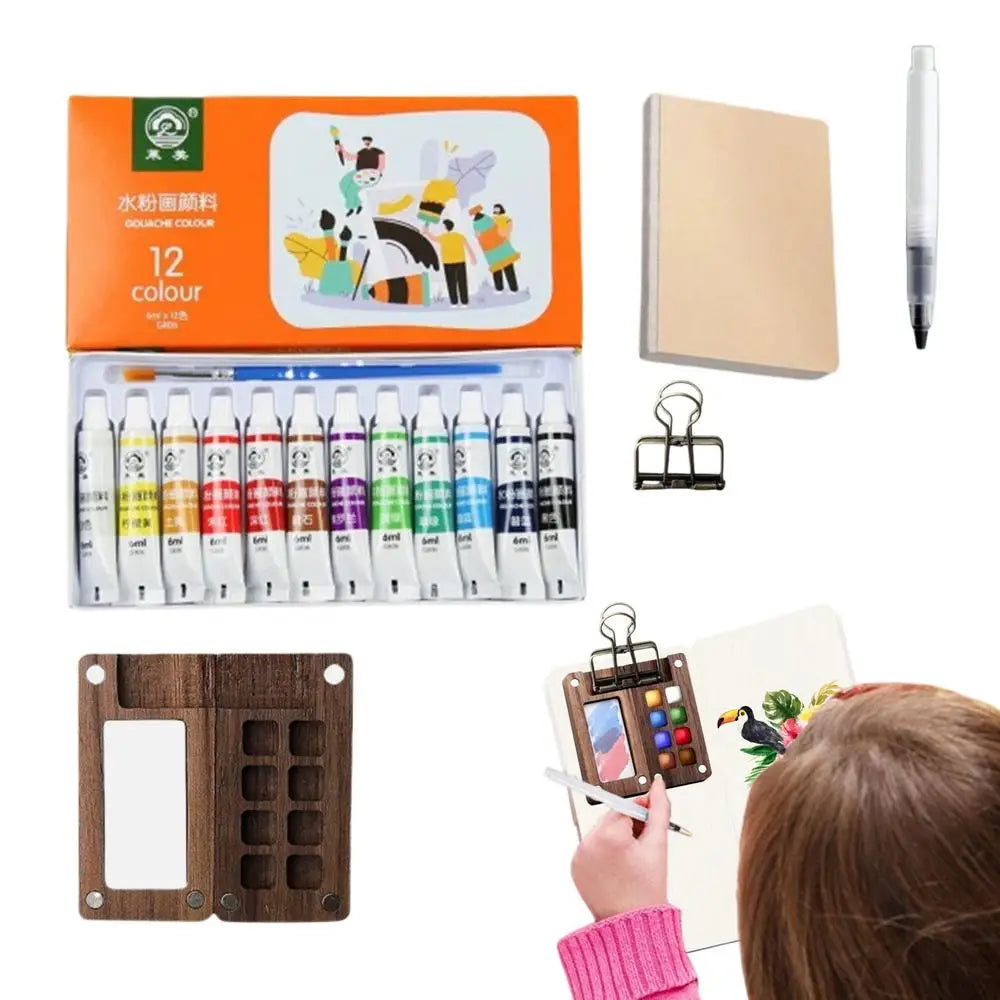 Travel Set Palette Sketch Book Watercolor Paints Pens with Binder Clips
