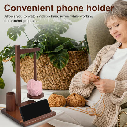 3-in-1 Wooden Yarn Holder with Phone Stand Rotatable Yarn Ball Storage Rack Magnetic Yarn Spinner
