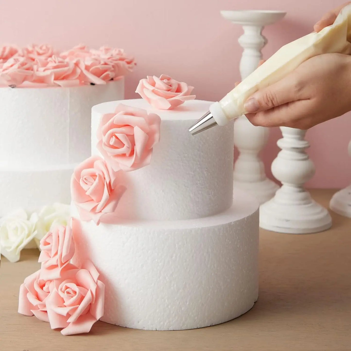 Round Foam Cake Dummy Set - Wedding Display Platform with Stackable Tiers for Decorating Practice, 6-12 Inches, 16 Inches Tall