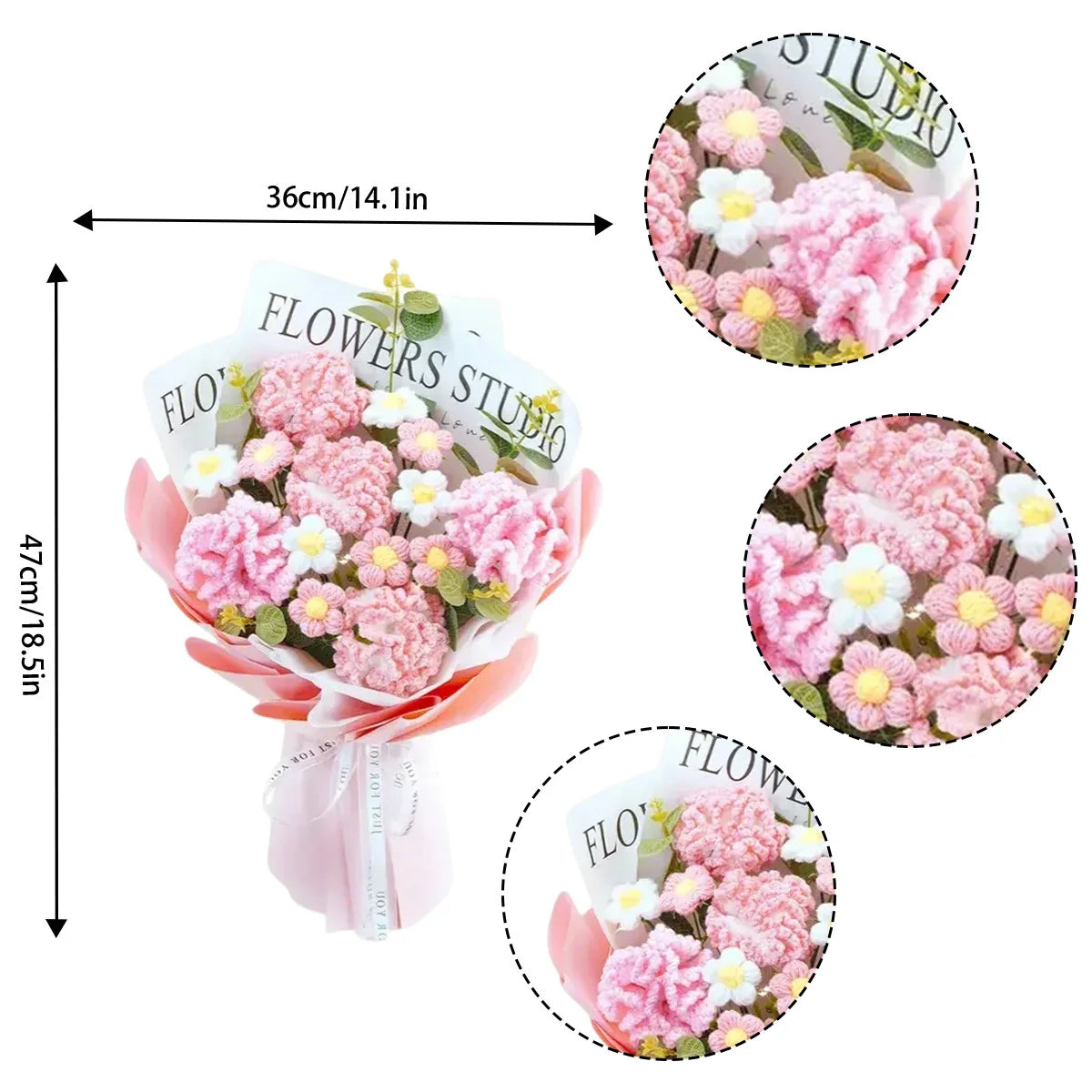 Crochet Flowers Bouquet, Eternal Carnation with Eucalyptus Leaves Artificial Handmade Knitted Bouquet