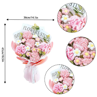 Crochet Flowers Bouquet, Eternal Carnation with Eucalyptus Leaves Artificial Handmade Knitted Bouquet