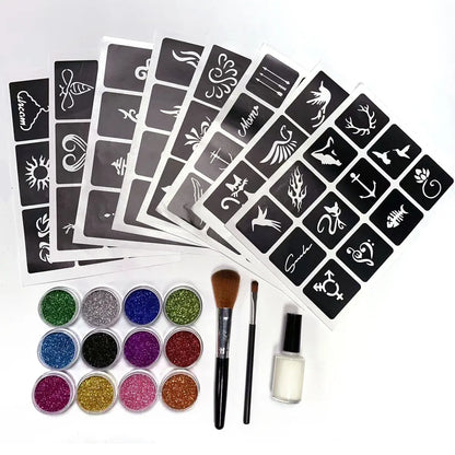 Temporary Glitter Tattoo Set, 12 Fun Colors for Body Painting, with 8 Unique Template Designs and Applicator Brushes, Easy to Apply and Remove, Qla-Zh012