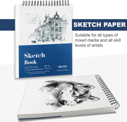 9" x 12" Hardcover Sketchbook, Top Spiral Bound, 100 sheets (68lb/100gsm) drawing paper pads